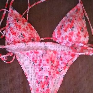 Cherry Pink And White Bikini Set